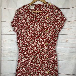 VINTAGE • Panache • Midi Dress • Red with White Flowers • Large • Gold Buttons